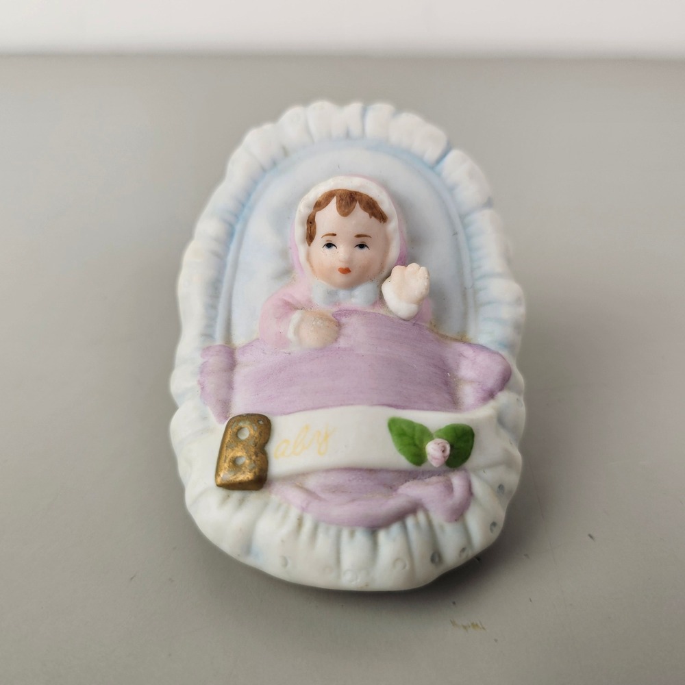 Vintage 1987 Enesco Baby Girl in Basket Cradle Porcelain Figurine Matte Bisque